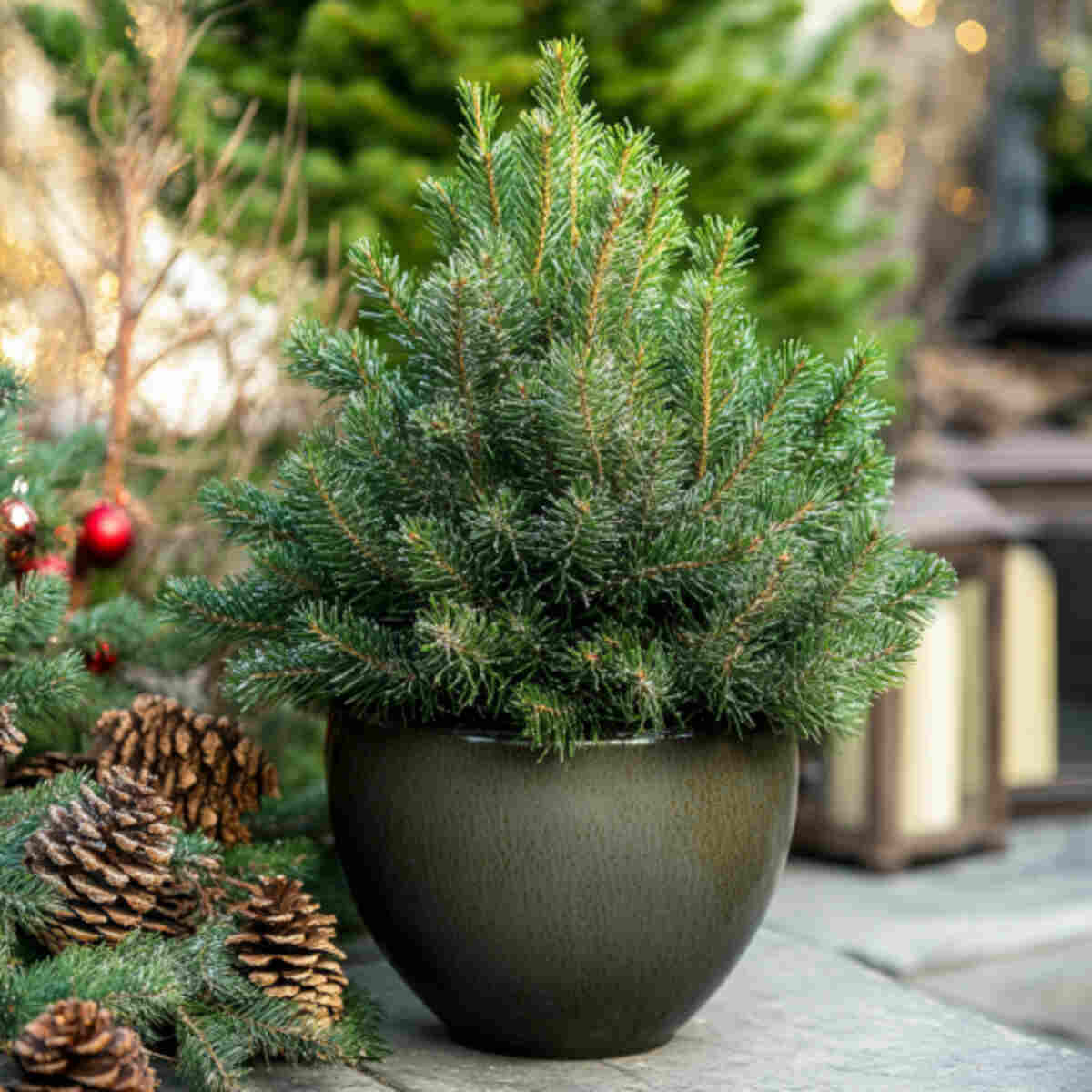 Dwarf Pine or Spruce Tree in a Festive Outdoor Planter