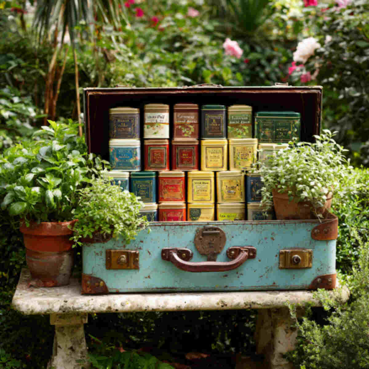 Tea Tins Arranged in a Vintage Suitcase Garden