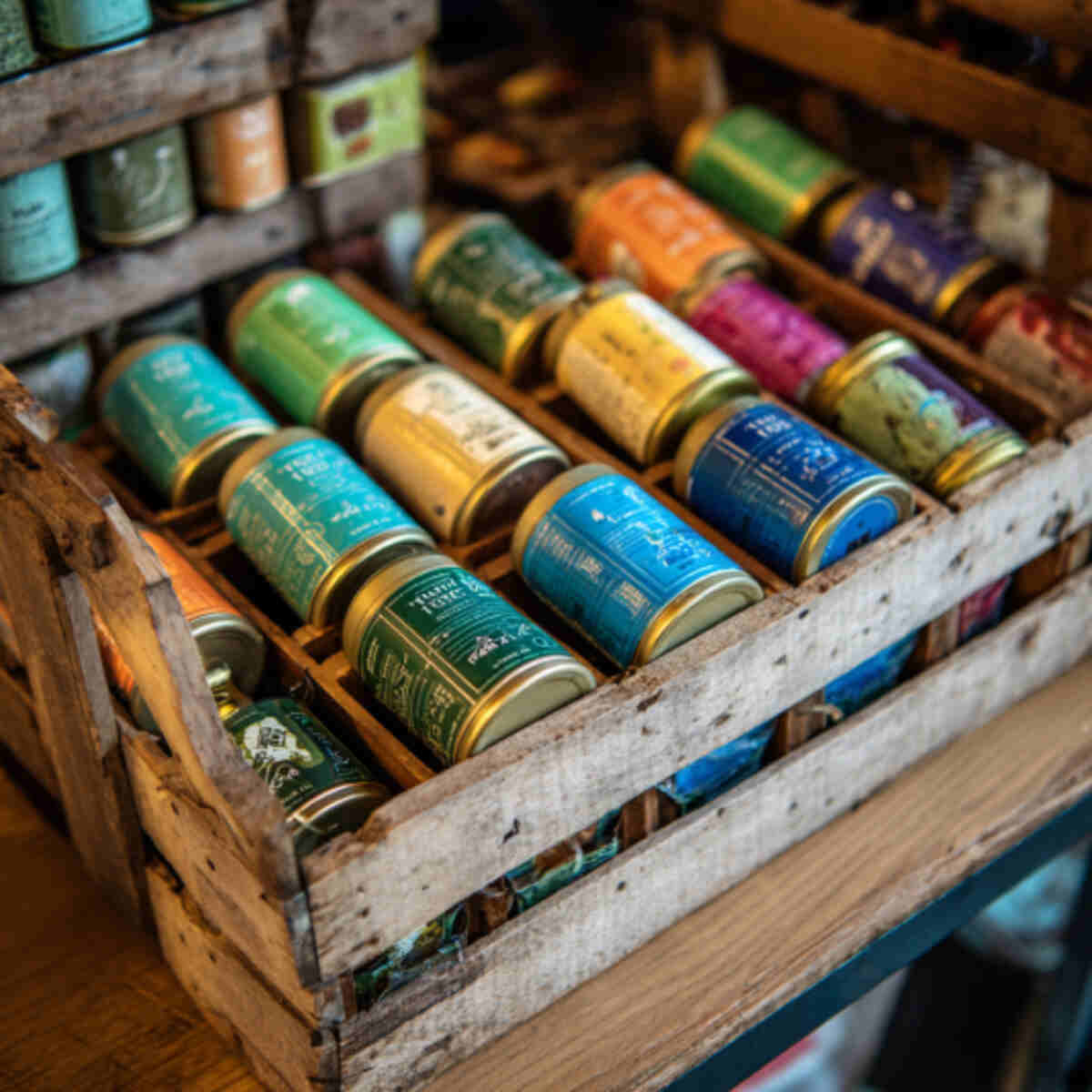 Tea Tins in a Wooden Crate Display