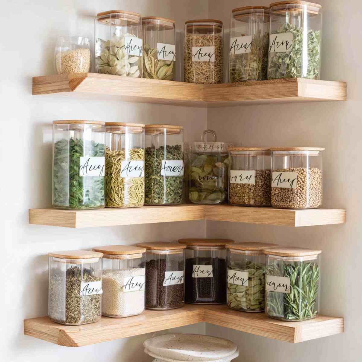 Herb Labeled Canisters on Corner Shelf