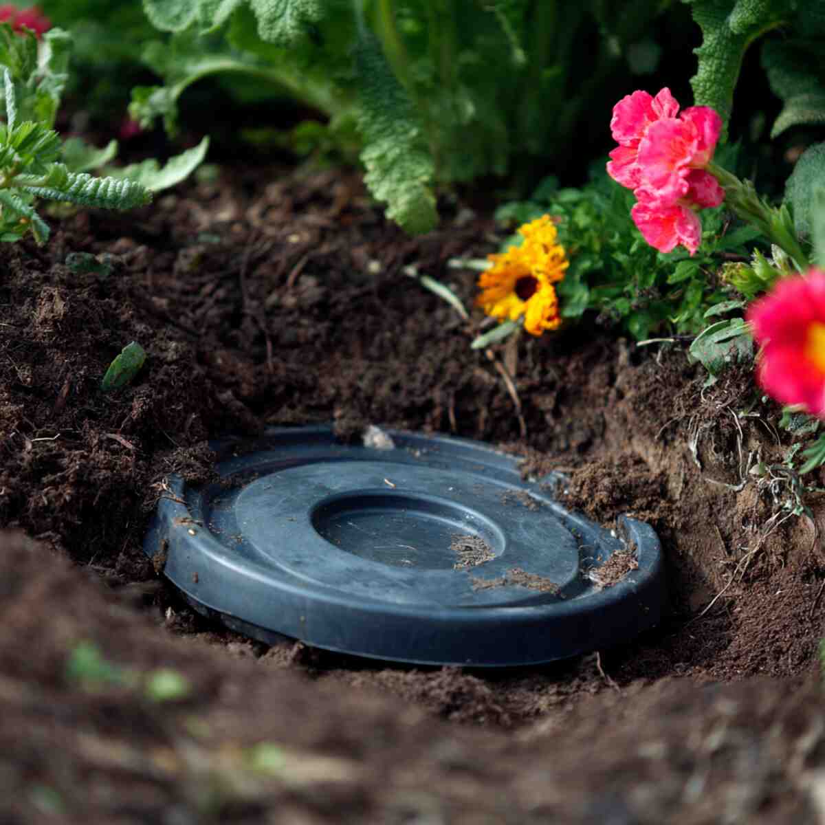Plastic Storage Lid Sunken into the Ground with Wet Soil
