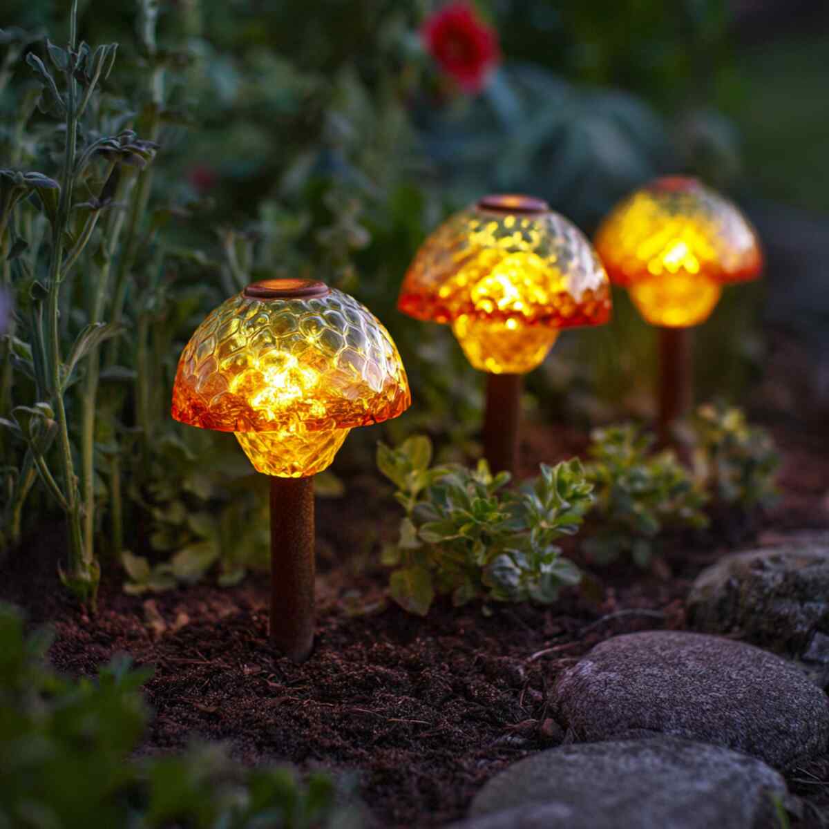 Solar Mushroom Lights Through Herb Garden