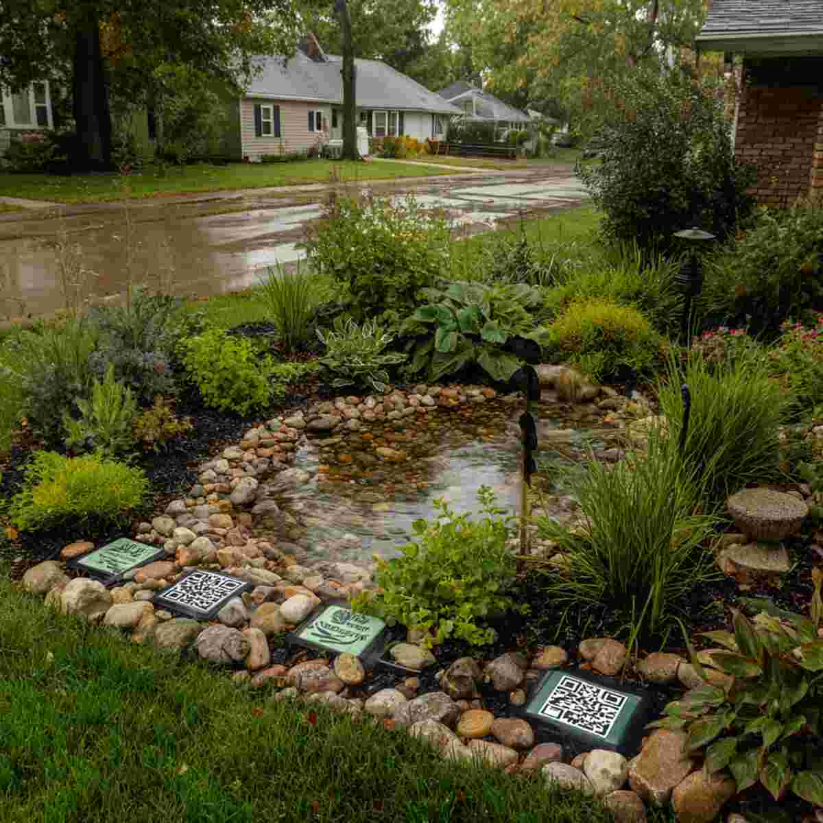 Rain Garden with QR Codes for Water Conservation Tips