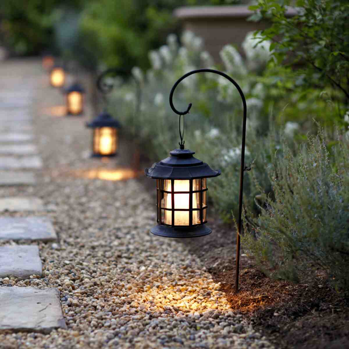 Solar Lantern Shepherd Hooks Lining Gravel Paths