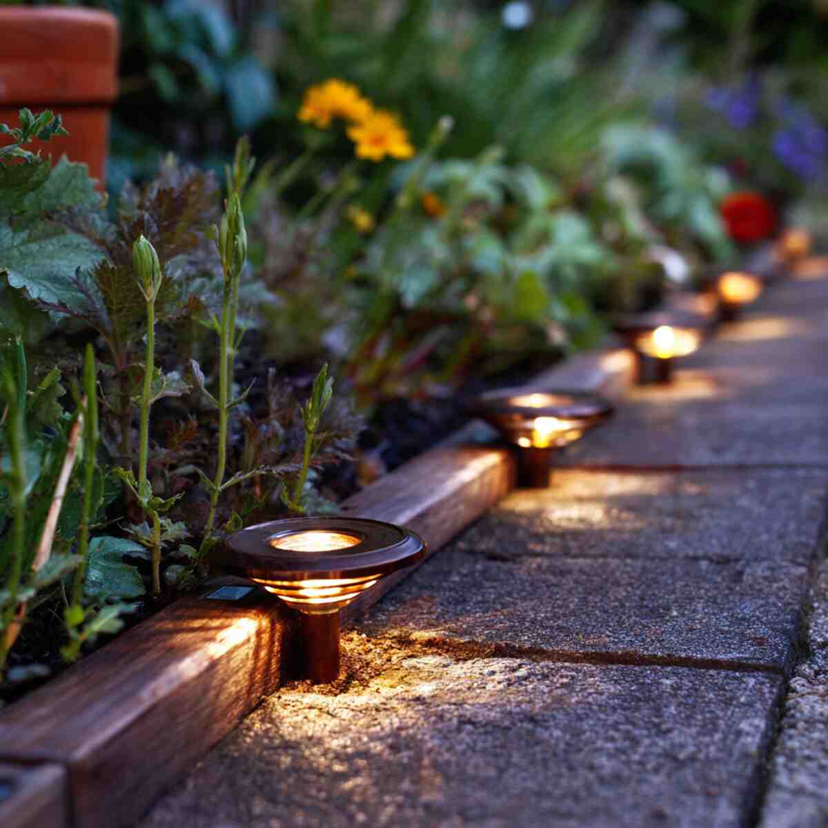 Solar Deck Lights on Garden Edging