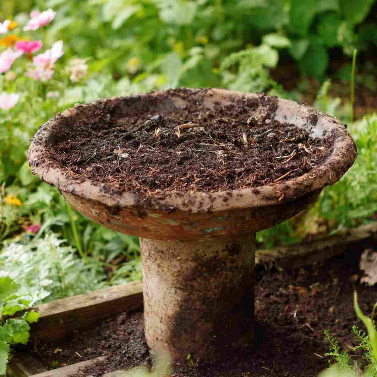 Upcycled Birdbath with Muddy Soil