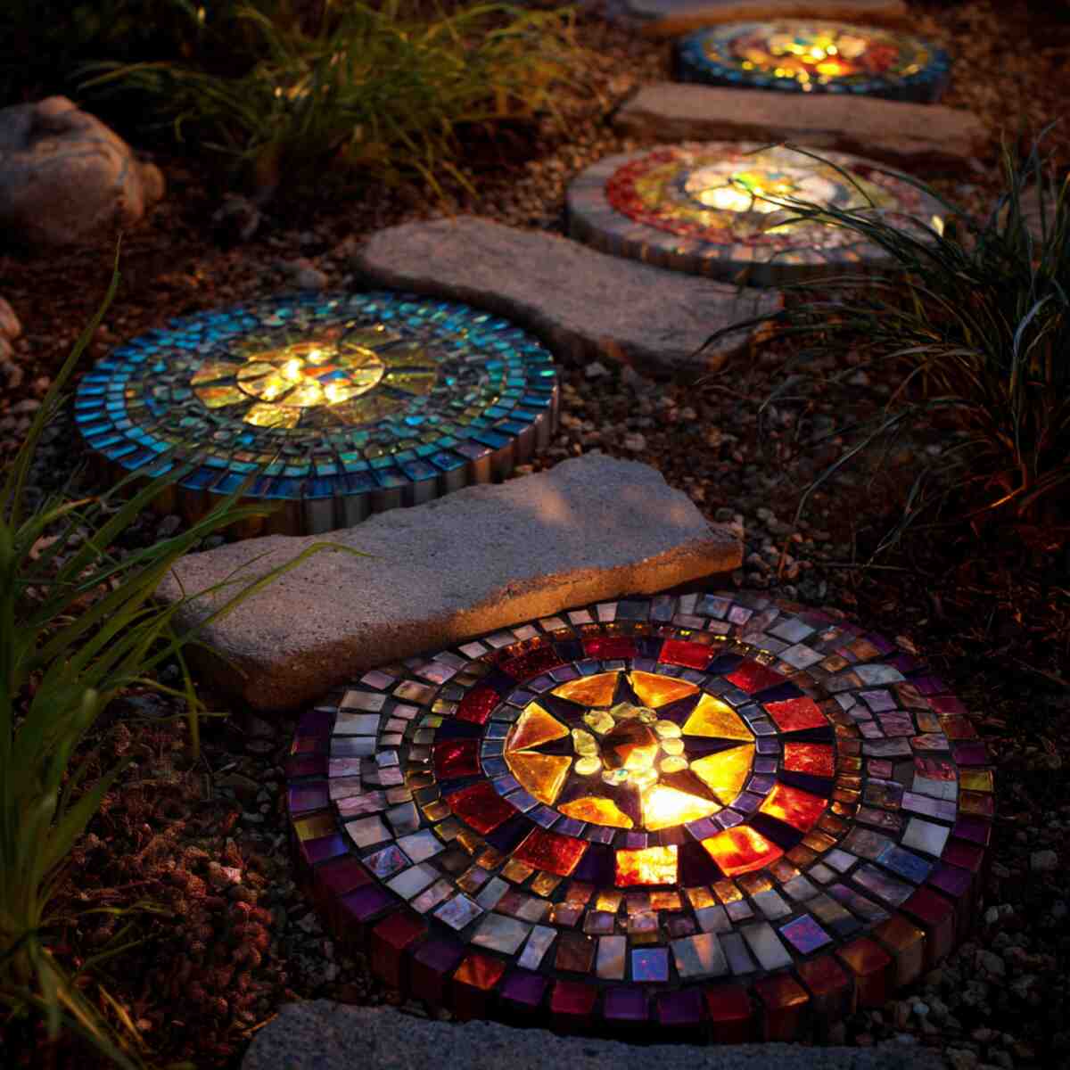 Mosaic Stepping Stones with Embedded Solar Lights