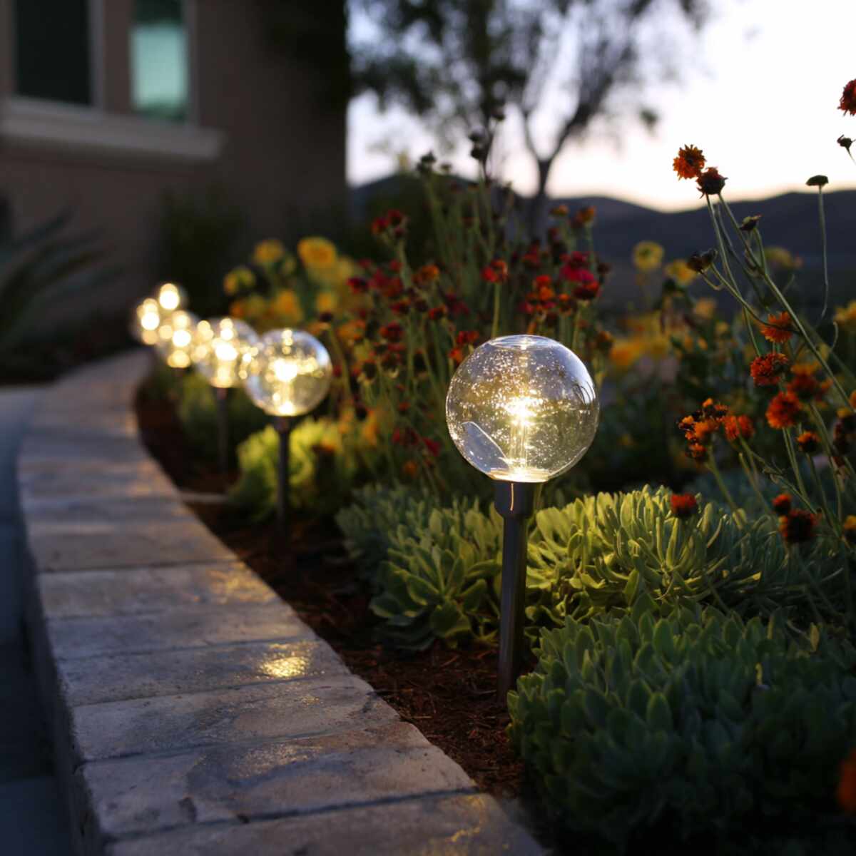 Solar Globe Lights Along a Flower Bed