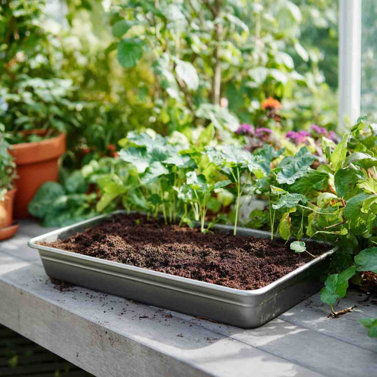 Embedded Baking Tray Filled with Garden Soil