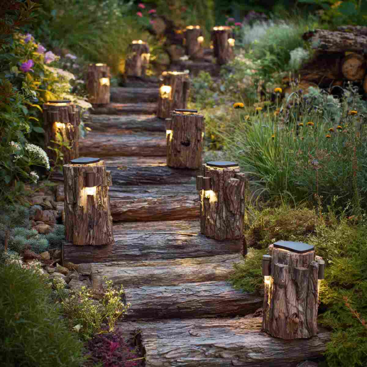 Rustic Wooden Log Path with Solar Caps