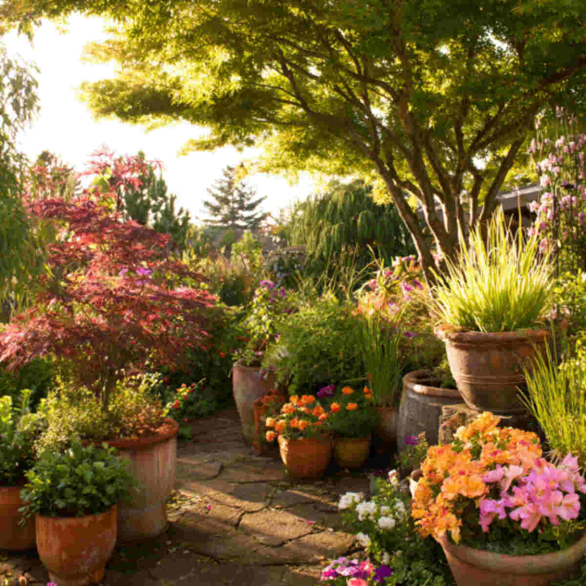 Container Garden with Sunset-Friendly Plants