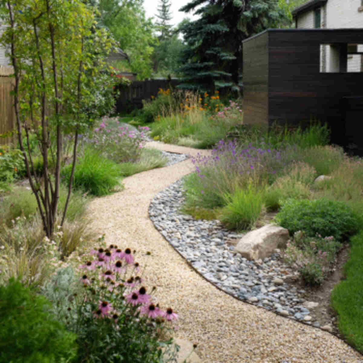 Curved Gravel Path Through Rain Garden