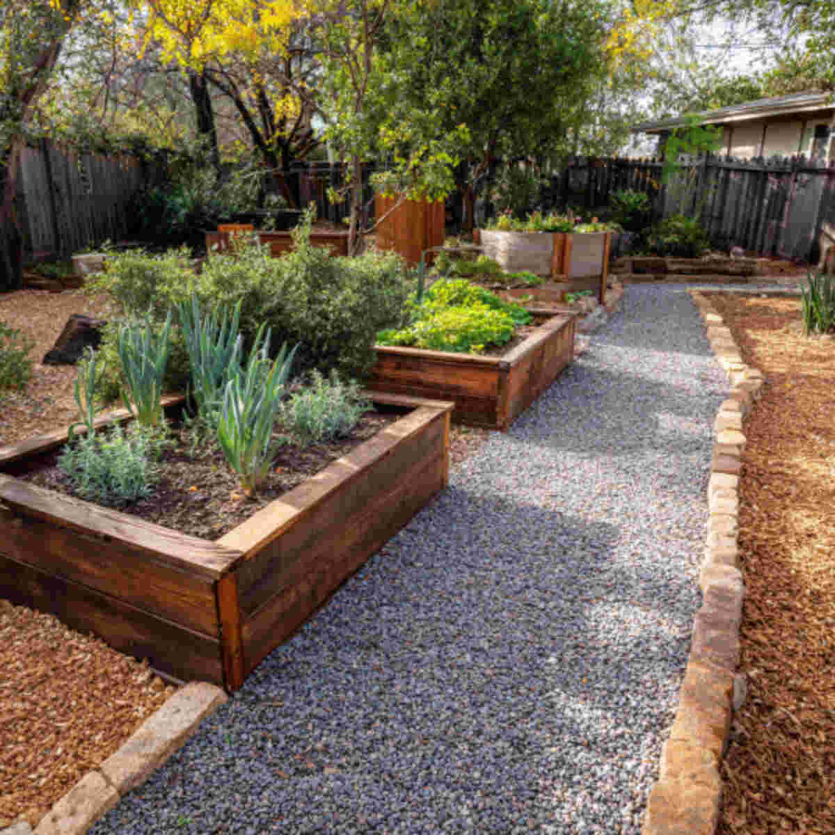 Gravel Mulch Path Around Raised Planters