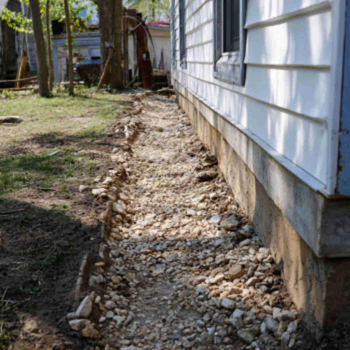 Gravel Trench Path Beside the House Foundation