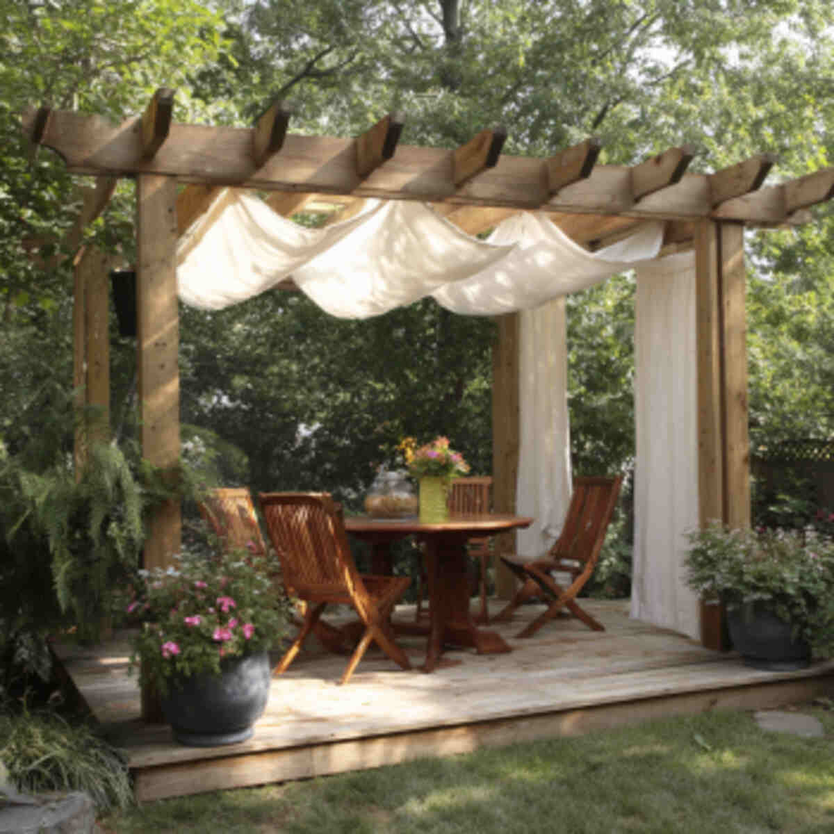 Wooden Pergola with Drape-Over Shade