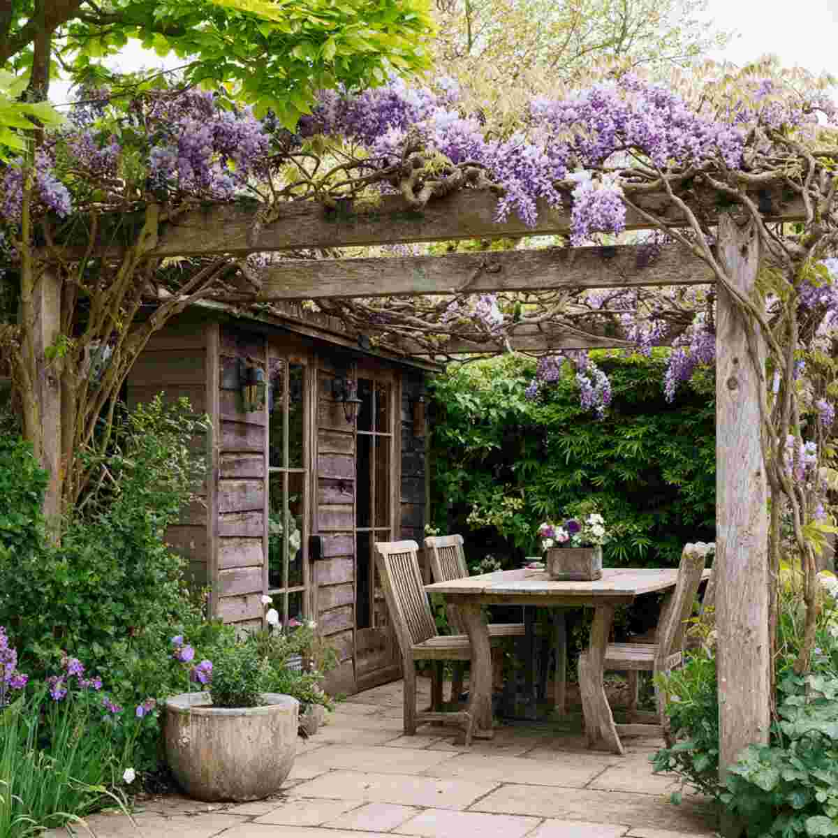 Rustic Wooden Pergola with Climbing Wisteria