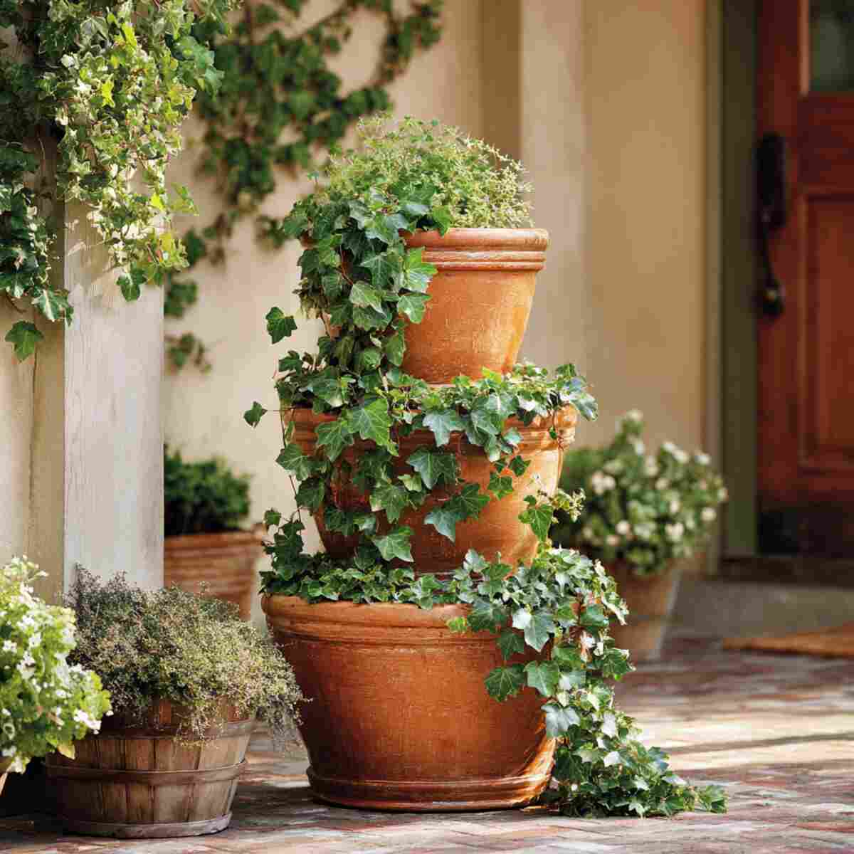 Cascading Ivy Clay Pot Tower
