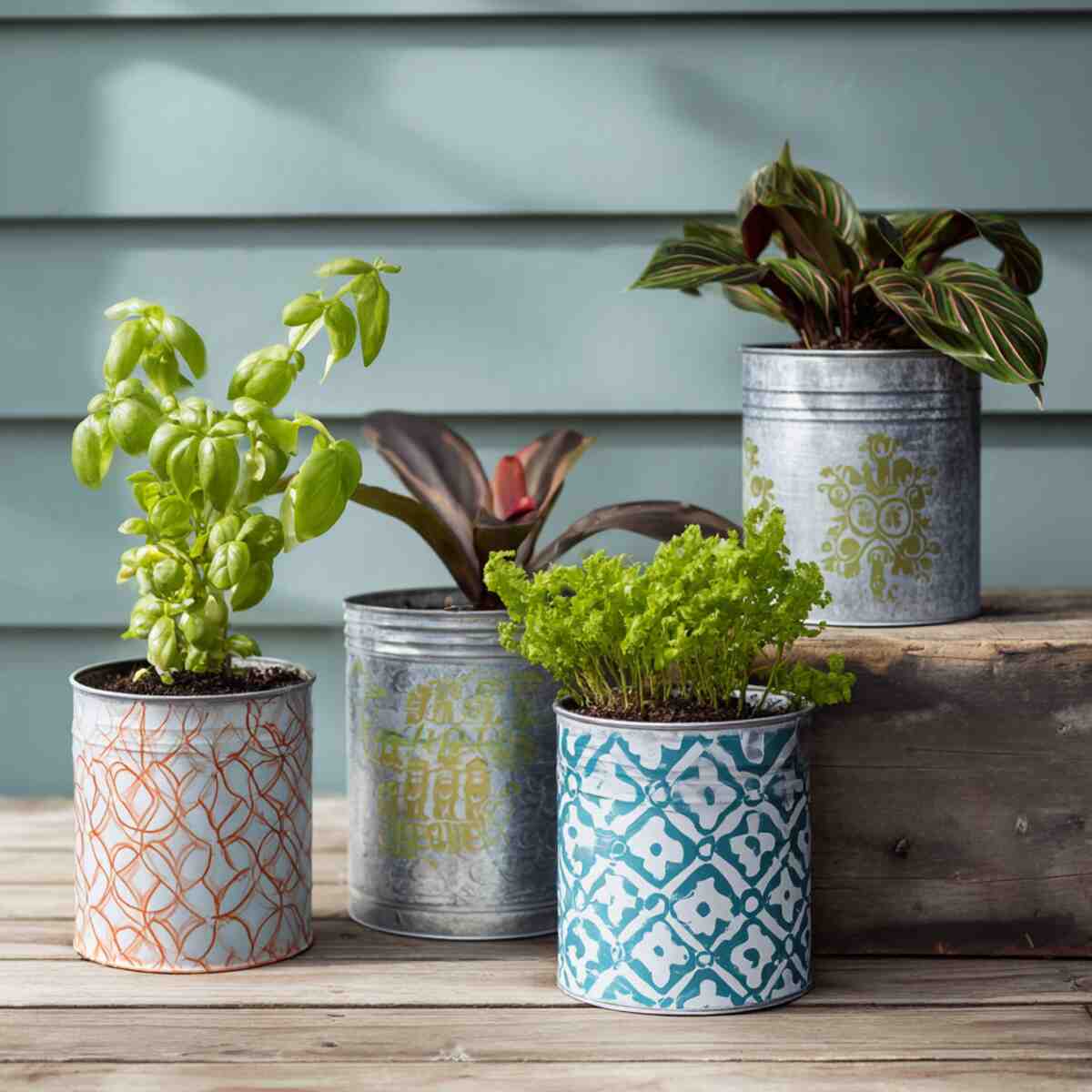 Tin Can Planters with Stenciled Designs