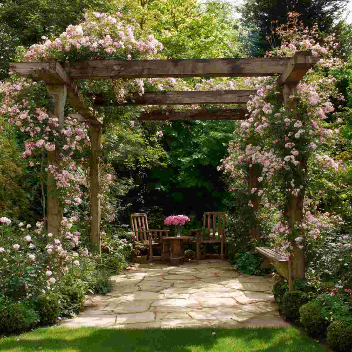 Zen Garden Pergola with Climbing Roses
