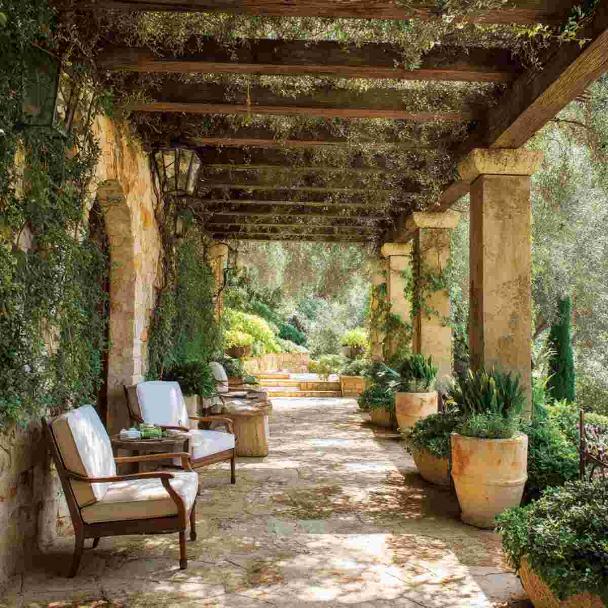 Mediterranean-Style Pergola with Olive Vines