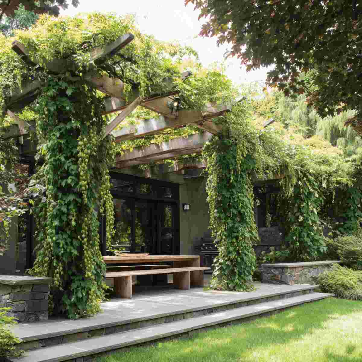 Multi-Level Pergola with Hops Vines