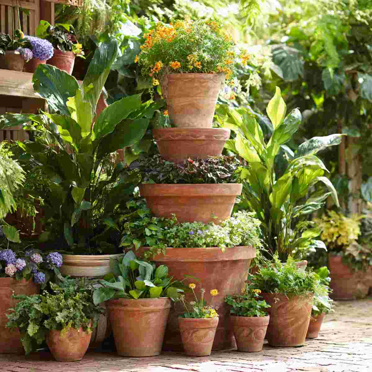 Tropical Plant Clay Pot Tower