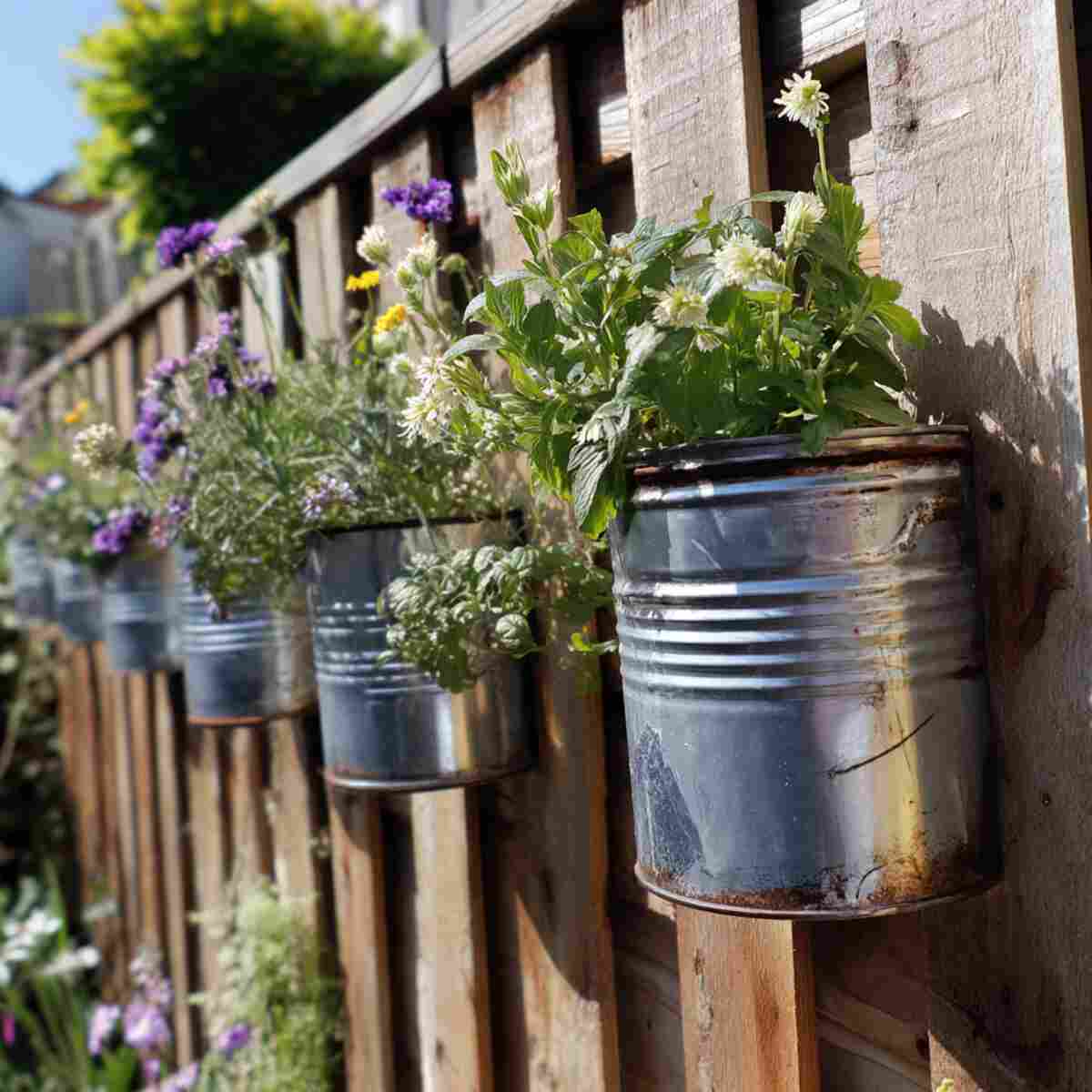 Tin Can Planters Attached to a Garden Fence