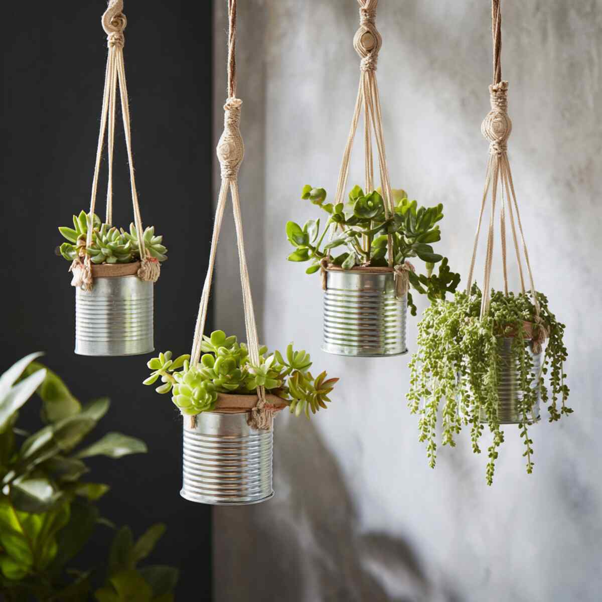 Hanging Tin Can Planters with Macramé Holders