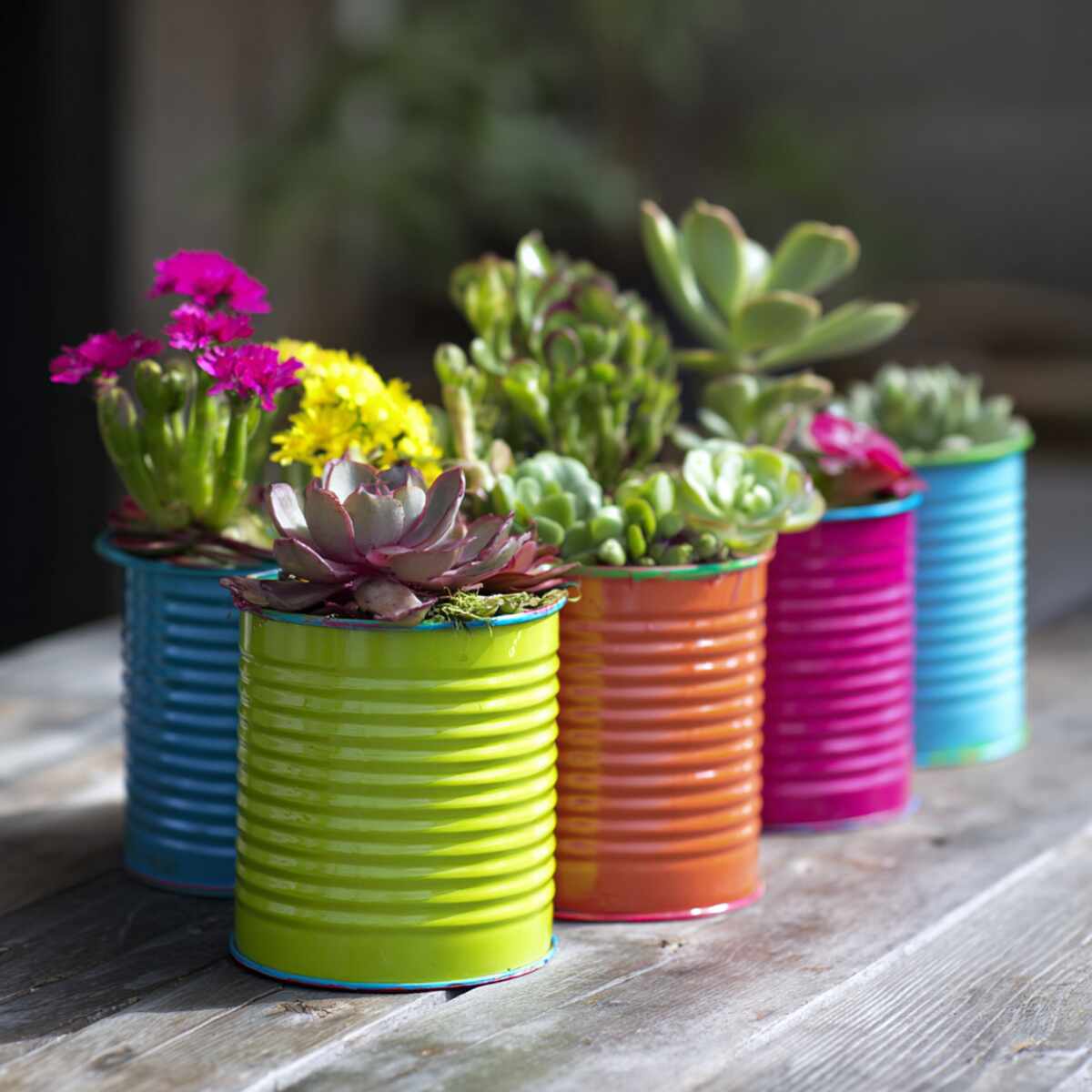 Colorful Tin Can Flower Pots with Spray Paint