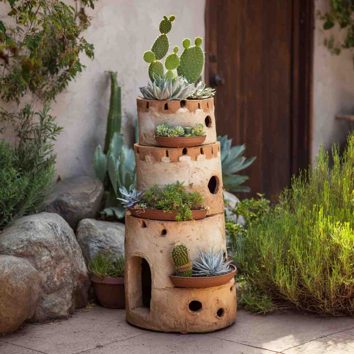Cactus and Desert Plant Clay Pot Tower