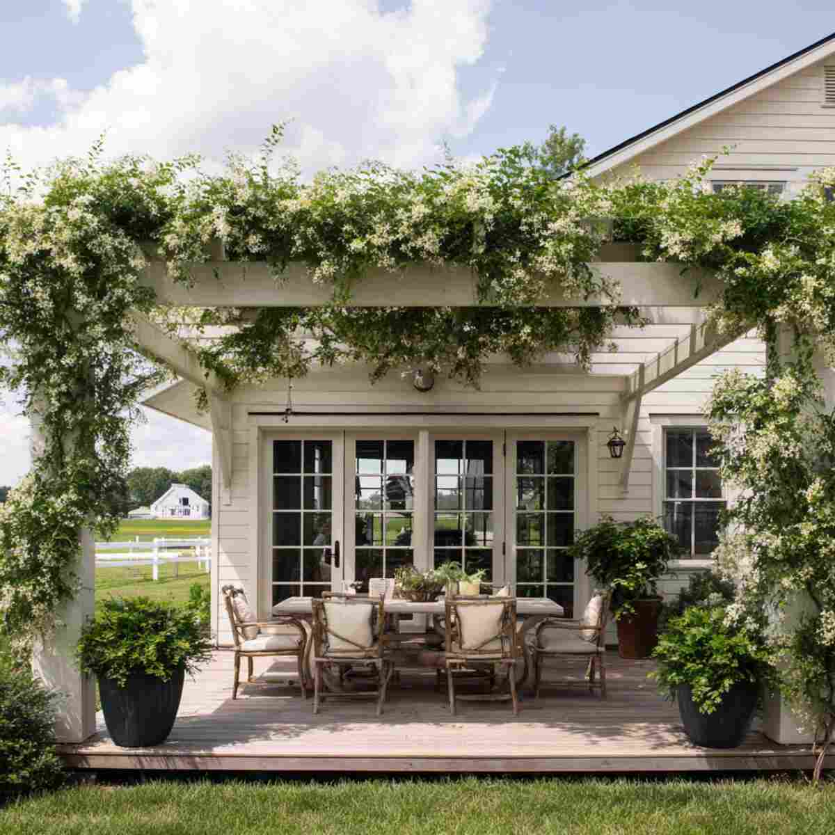 Farmhouse-Style Pergola with Honeysuckle