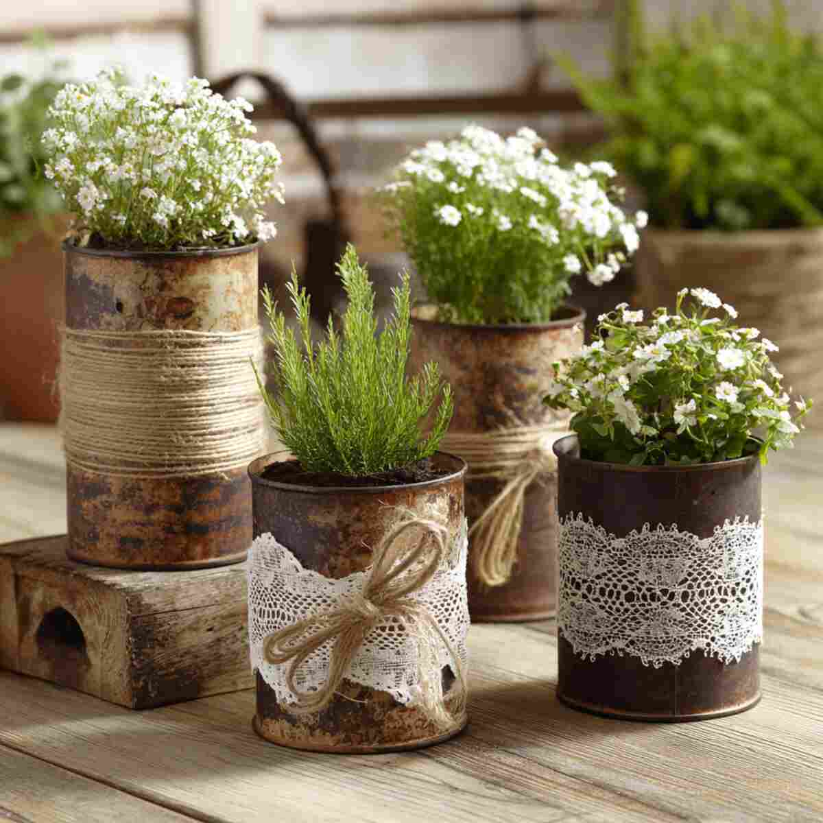 Rustic Tin Cans with Twine and Lace Accents