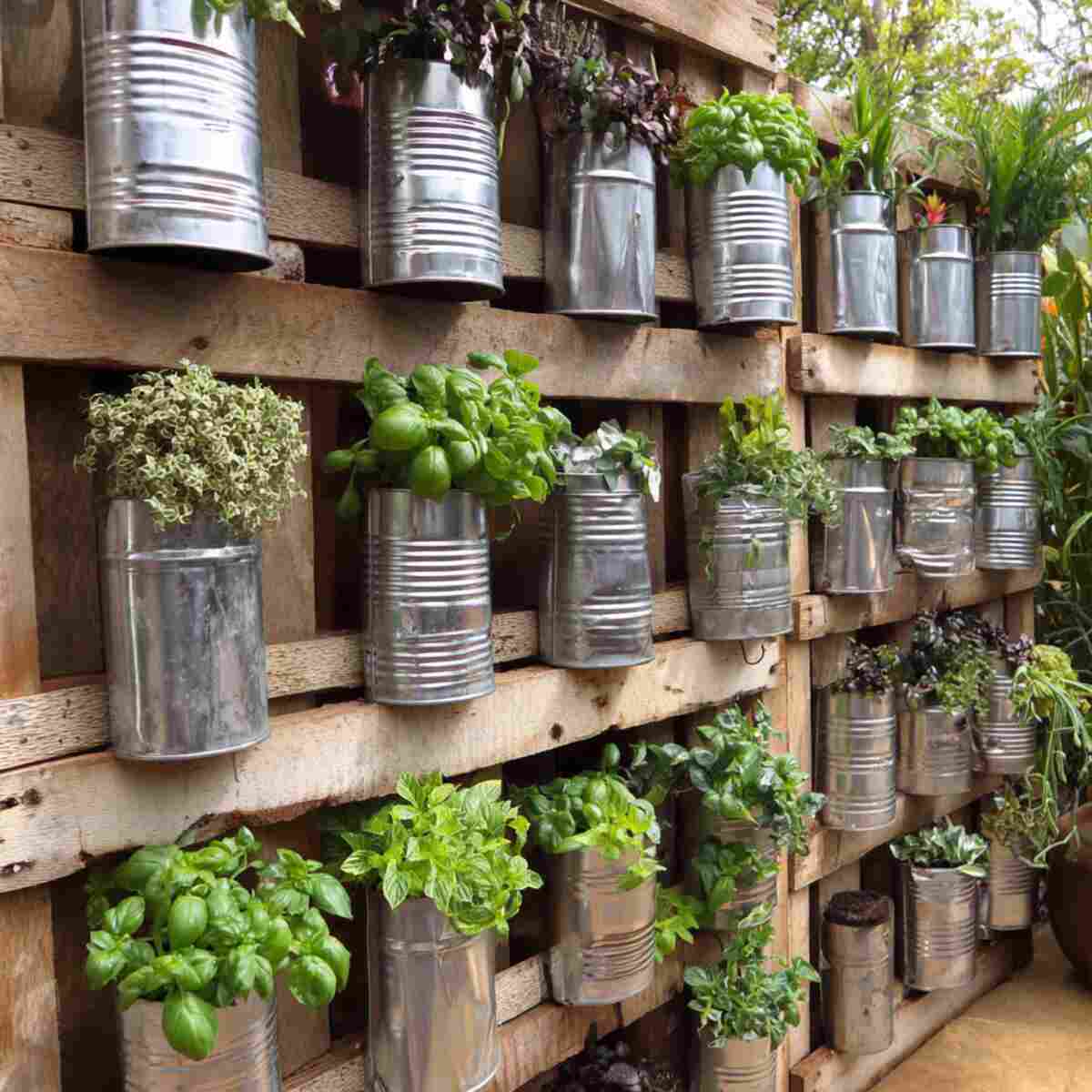 Tin Can Planters Mounted on a Wooden Pallet