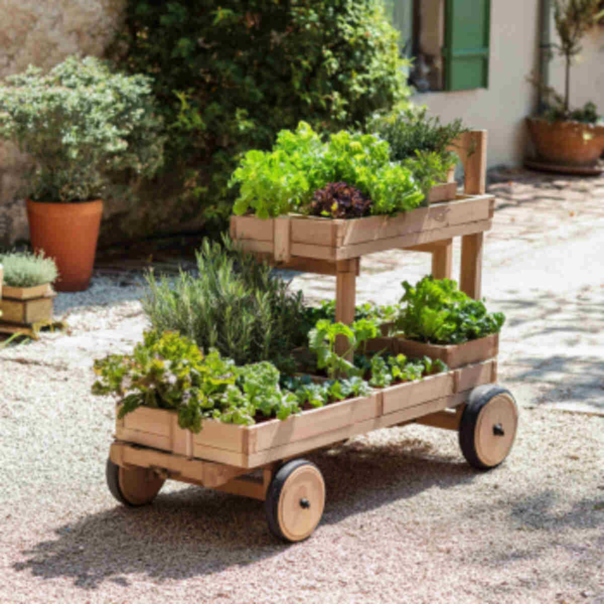 Mobile wooden basket garden on w