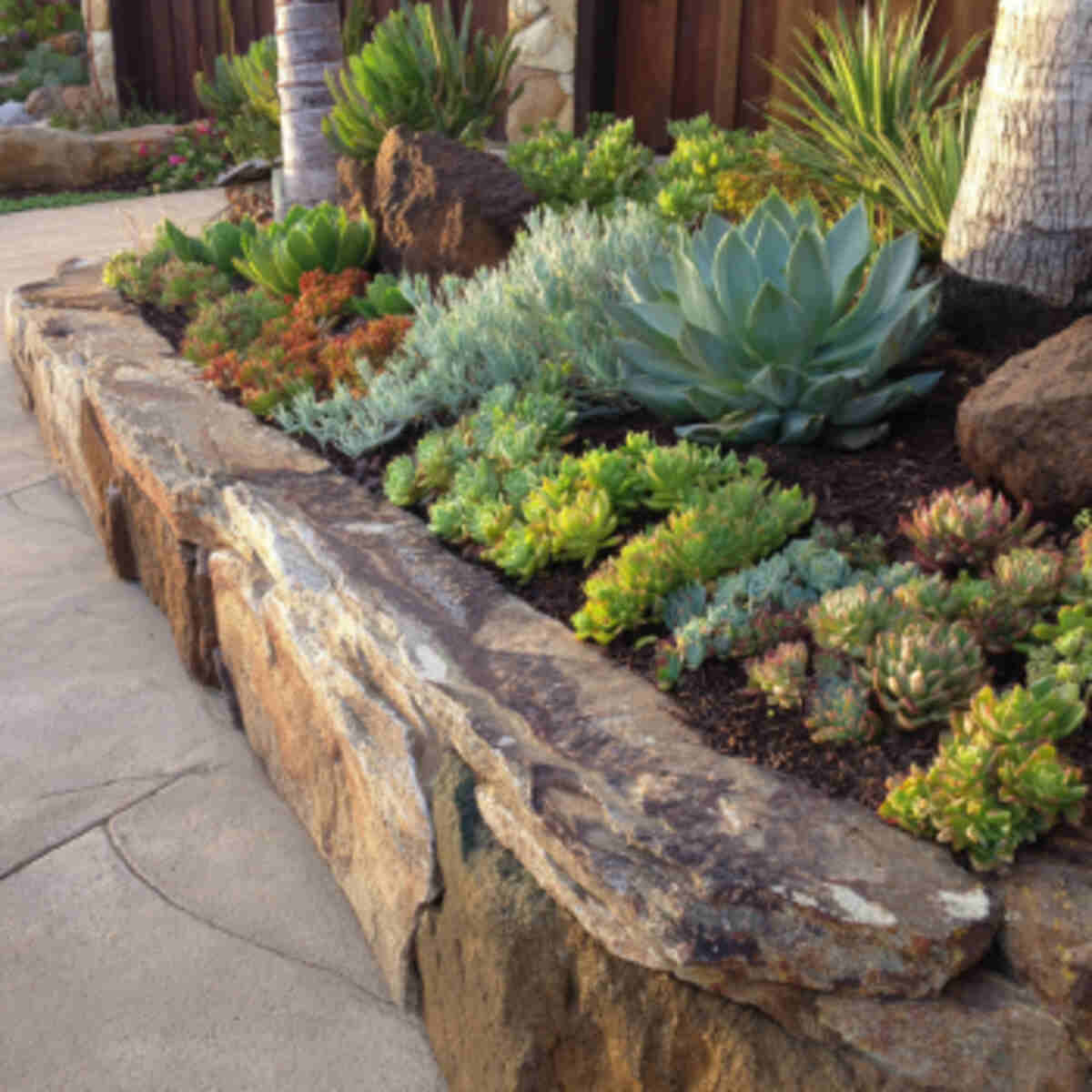 Raised succulent garden with sto