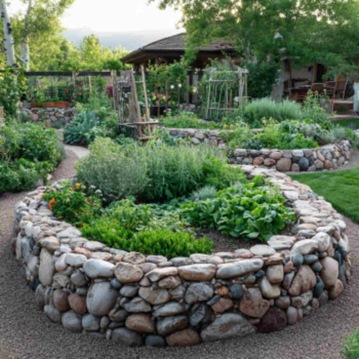 Stone-bordered keyhole garden