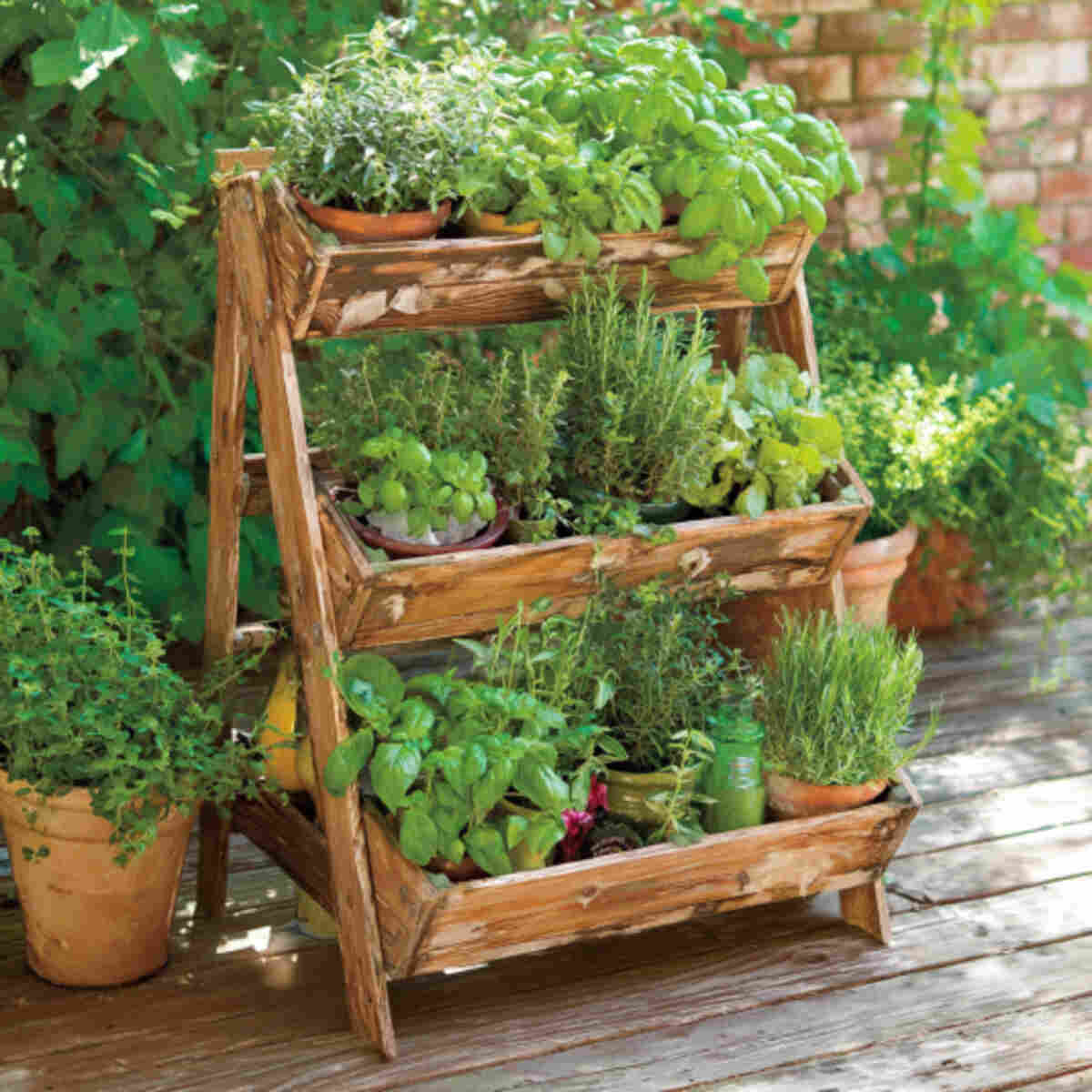 Tiered wooden basket herb garden